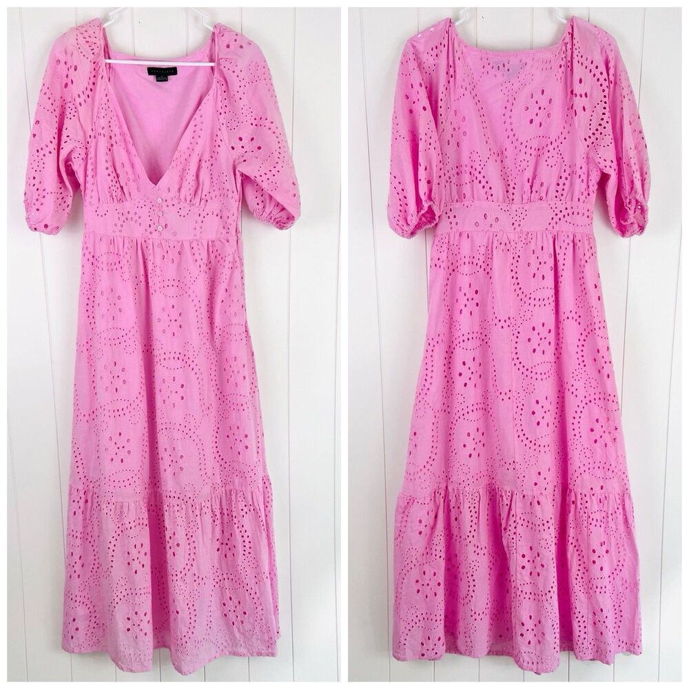 *Sanctuary* Pink Eyelet Lace Puff Sleeve Maxi Dress Cottagecore Romantic Size 4
